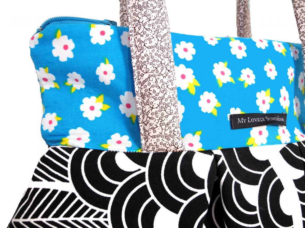 Sky Blue With Black And White Pattern - Eco Friendly Shoulder Bag / Tote