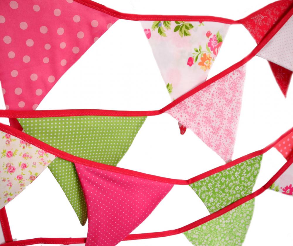 Eco-friendly Reusable Fabric Bunting, Banner, Pennant, Flag, Garland, Photo Prop, Decoration, Wedding - Garden Party In Pink And Green
